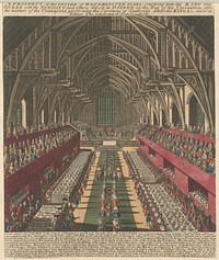 A Prospect of the Inside of Westminster, Shewing how the King and Queen with the Nobility and others did sit at Dinner on the Day of the Coronation. Also the manner of tghe Champions performing the Ceremony of Challenge whilst the King & c. were at Dinner