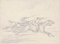 "Scraps", no 17: Racing, Three Horses with Jockeys Up Galloping to Right