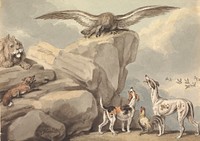 An Eagle Perched on a Rock; Lion, Fox, Two Hounds and a Rooster (possibly for "Aesop's Fables")