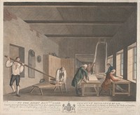 Plate XI: A Perspective View of a Lapping Room, with the Measuring, Crisping or Folding the Cloth in Lengths, Picking the Laps or Lengths, Tying the Clips, acting by the Mechanic power of the Laver to press the Cloth round & firm, and Sealing it ...