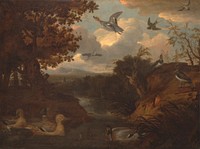 Ducks and Other Birds about a Stream in an Italianate Landscape