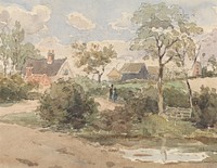 Country Landscape with Cottage, Windmill, Barns and Figures with Pond in Foreground