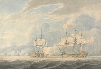 The Dutch Vice Admiral under Admiral De Winter striking his flag to the English Vice Admiral Onslow under Admiral Duncan at the Battle of Camperdown, 11th October 1797