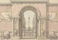 Saloon with an Arch to a Garden and Fountain