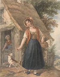 Young Woman with Dog Outside a Cottage Doorway