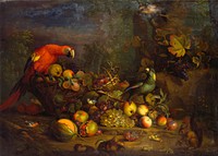 Parrots and Fruit with Other Birds and a Squirrel