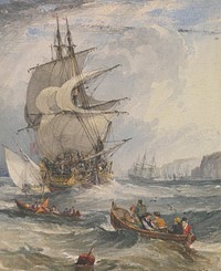 Sailing Ships and Small Boats in Rough Sea off the Coast