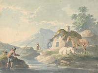 Rustic Scene: man fishing, left; cottage with water-mill and horses right