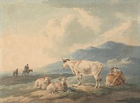 Mountain Landscape: with cows and goats foreground and figures, left