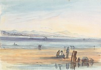 Figures on a Beach with Mountains in the Distance