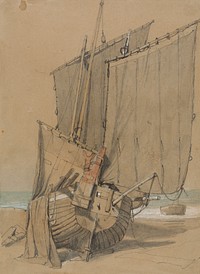 Fishing Boats on the Beach with Sails Drying by Samuel Prout