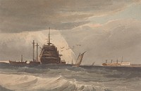 Off Portsmouth: Boats Loading or Unloading a Large Hulk, Small Craft Nearby by follower of Samuel Prout