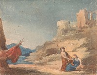 Figures Among Ruins on Hill