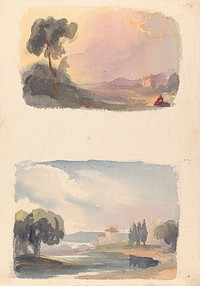 Two Drawings on One Sheet: Landscape with Mountains in Distance and Seated Figures in Foreground (no. 1); Landscape with River and Building, Mountains in Distance (no. 2)