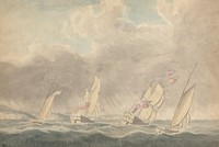 Two Sloops of War, One Barque and One Schooner (?), Sterns Forward, in Heavy Seas; Several Sailing Vessels in Background by Joseph Cartwright