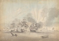 Battle Scene: Battleships, Frigates and Corvettes; Sinking Boat and Rowboat