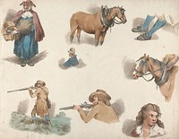 Set of Five: Eight studies: Woman with Basket, Blinkered Cart Horse, etc.