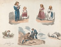 Set of Five:  Studies of Children, a Dog, a Cat, etc.