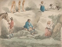 Set of Five: Studies of Girls, one Playing with Hoop, one Picking Berries, Man and Horse, etc.
