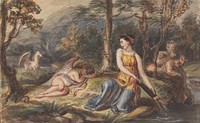 Diana, Goddess of the Hunt, with Satyrs, sleeping Cupid and a Pegasus in a Wooded Landscape