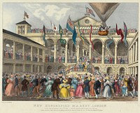 New Hungerford Market, London, on the Day of Opening, July 2, 1833 - with Ascent of Mr. Graham in his Balloon
