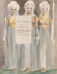 The Poems of Thomas Gray, Design 67, "The Fatal Sisters." by William Blake. Original public domain image from Yale Center for British Art.