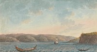 Views in the Levant: Two Rowing Boats and a Sailboat by a Steep Cliff, Hilly Landscape Seen From the Sea