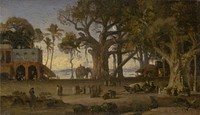 Moonlit Scene of Indian Figures and Elephants among Banyan Trees, Upper India (probably Lucknow)