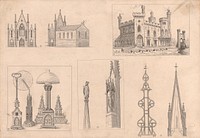 Five Sketches of: A Gothic Church, Spires, a Fortification and Decorative Objects