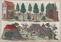 Album of Rococo ornamental designs of gardens, flora and fauna, games and pastimes, costume, chinoiserie, hermits and grottoes, occupations, cities and villages, saints and martyrs, and biblical scenes.