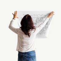 Woman holding building's blueprint collage element psd