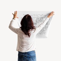 Woman holding building's blueprint, isolated image