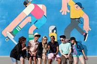 Wall mockup psd, teen friends with youth lifestyle background