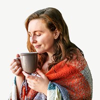 Woman drinking coffee collage element psd