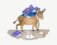 Donkey carrying a load of books, illustration collage element psd