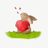 Bunny holding a red heart, illustration collage element psd