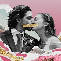 Lovers kissing, ripped paper surreal escapism remix