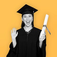 Happy graduate holding paper scroll psd