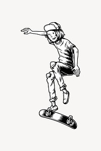 Man skateboarding element, black and white illustration vector