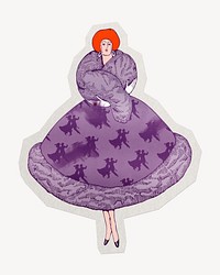 Vintage woman purple ball gown dress paper element with white border 