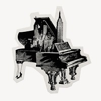 Vintage piano cityscape paper element with white border