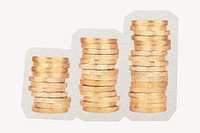 Stacked gold coins  paper element  white border