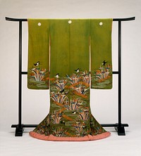 Woman’s Outer Kimono (Uchikake) with Plank Bridges, Irises, and Swallows