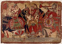 Drummer and Horn Player (Accompanying the Hunt?), Scene from the Story of the Marriage of Abhimanyu and Vatsala, Folio from a Mahabharata ([War of the] Great Bharatas)