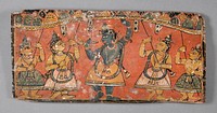 Manuscript Cover with Krishna Raising Mt. Govardhan (inside) and the Coronation of Rama (outside)
