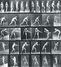 A: Walking. B: Ascending a Step. C: Throwing the disk. D: Using a Shovel. E,F: Using a Pick by Eadweard Muybridge