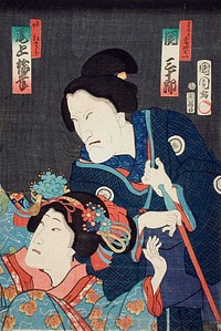 Onoe Baikō as the Younger Sister Benizara and Seki Sanjūrō as the Mother Kataomoi in the play Ichiban Norime Iki no Sashimono by Toyohara Kunichika