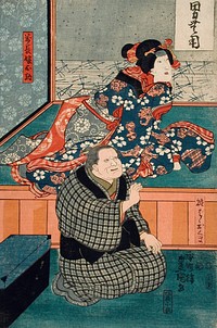 Arashi Otohachi III as Makanaibaba Okuma, and Iwai Kumesaburō II as Manchō's Daughter Okoma by Utagawa Kunisada