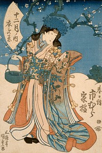 The Actor Ichimura Kakitsu in a Female Role Representing the Second Month by Utagawa Kunisada