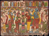 Vrishaketu and His New Bride Travel to Hastinapura, Led by Bhima, Scene from the Story of Babhruvahana, Folio from a Mahabharata (recto); Marriage of Vrishaketu and the Daughter of King Yavanatha, Scene from the Story of Babhruvahana, Folio from a Mahabha